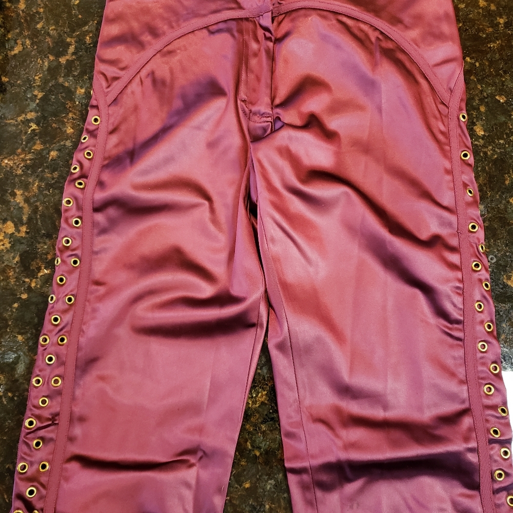 Herve Leger Burgundy satin pants rivets